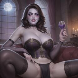 1girls ai_generated armwear big_breasts black_hair corset hips human_(world_of_warcraft) jandice_barov long_hair necromancer nipple_outline pelvic_curtain sitting stockings wine_glass world_of_warcraft