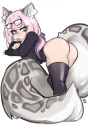 animal_humanoid ass big_tail bottomwear cat_humanoid clothing eyewear felid felid_humanoid feline feline_humanoid female glasses hair hi_res humanoid legwear looking_at_viewer looking_back looking_back_at_viewer mammal mammal_humanoid pink_hair rinkae skirt solo stockings tail