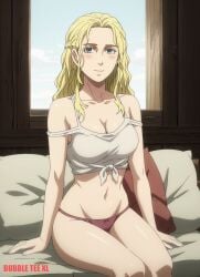 ai_generated arnheid bare_shoulders belly blonde_female blonde_hair blonde_hair_female blue_eyes blushing breasts bubbleteexl female female_focus female_only half_naked pale-skinned_female panties slender_body tummy viking_female vinland_saga