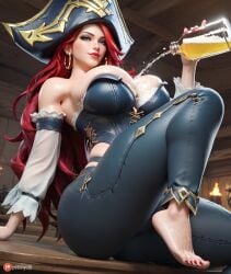 ai_generated ass barefoot blue_eyes breasts busty cleavage clothing dripping feet female huge_breasts league_of_legends light-skinned_female looking_at_viewer miss_fortune peachylillia red_hair seductive seductive_look sitting spilled_drink thick_thighs