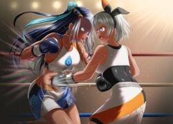 2girls artist_request bea_(pokemon) blue_eyes blue_hair boxer boxing boxing_gloves boxing_ring boxing_shorts boxing_stance catfight dark-skinned_female dark_skin earrings female female_only gray_hair grey_hair headband human midriff multiple_girls nessa_(pokemon) pokemon punch punch_out punching_stomach ryona