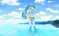 1girls bikini blue_hair blue_skin countcarbon equestria_girls long_hair medium_breasts my_little_pony pink_eyes ponytail smile solo sonata_dusk water