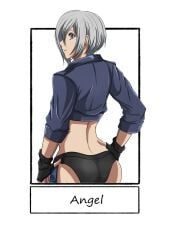 1girls angel_(kof) artist_request ass big_ass blue_eyes curvaceous curvy_female female from_behind gloves jacket king_of_fighters leather light-skinned_female light_skin looking_at_viewer looking_back one_eye_obstructed pale-skinned_female pale_skin short_hair smiley_face source_request thong voluptuous voluptuous_female white_hair wide_hips