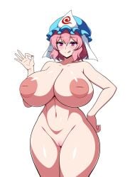 1girls 2d :d alternate_breast_size alternate_version_available areolae belly belly_button big_breasts blush breasts breasts_bigger_than_head cleavage female hand_on_hip hat huge_breasts inverted_nipples licking_lips mob_cap nails nipples nude nude_female pink_eyes pink_hair pink_nail_polish pink_nails pussy shiny_hair shiny_skin short_hair smile solo source ssaf ssaf52913778 ssaf_seibeupail standing suggestive_gesture thick_thighs thighs touhou uncensored voluptuous white_background yuyuko_saigyouji