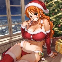 1girls ai_generated christmas christmas_bikini christmas_outfit female female_only karubi11291129 nami nami_(one_piece) one_piece santa_hat solo