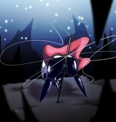 anthro arthropod ass ass_up bent_over big_butt black_body cloak cloak_only clothing empty_eyes featureless_feet feet female genitals hi_res hollow_knight hornet_(hollow_knight) insects looking_at_viewer looking_back looking_back_at_viewer pussy rear_view red_cloak red_clothing solo team_cherry thick_thighs voidsdroids weapon white_body wide_hips