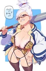 ayase_seiko baseball_bat dandadan gilf glasses grey_hair kajinman milf older_female white_hair