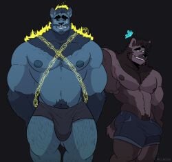 2022 absurd_res anthro beard big_bulge black_background black_sclera blue_beard blue_body blue_bottomwear blue_clothing blue_eyes blue_facial_hair blue_fur blue_hair blue_penis blue_pubes blue_shorts bodily_fluids body_swap bottomwear brown_body brown_fur bulge chains clothing demon digital_drawing_(artwork) digital_media_(artwork) duo facial_hair felid fire flaming_hair fur genitals green_eyes grin hair hairy_legs hi_res male mammal melaisen muscular muscular_anthro muscular_male pantherine pecs penis portrait pseudo_hair pubes shorts simple_background smile sweat teeth tenting three-quarter_portrait