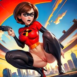 ai_generated bodysuit gun helen_parr latex_stockings mask no_panties pussy squatting the_incredibles thick_thighs