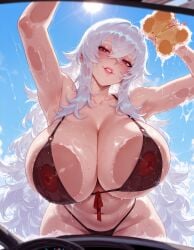 1girls against_fourth_wall against_glass ai_generated armpits arms_up azur_lane balecxi bare_shoulders bathing bikini black_bikini blue_sky blush breast_press breasts breasts_on_glass car car_interior cleavage clothing cloud collarbone covered_nipples crossed_bangs curvaceous curvaceous_female curvaceous_figure curvy curvy_figure day female female_focus front-tie_bikini_top front-tie_top gigantic_breasts graf_zeppelin_(azur_lane) groin hair_between_eyes hand_on_glass head_tilt highleg highleg_bikini holding huge_breasts huge_nipples large_breasts leaning_forward lips long_hair looking_at_viewer messy_hair motor_vehicle navel nipples o-ring o-ring_top official_alternate_costume on_vehicle outdoors parted_lips red_eyes red_nails sidelocks skindentation sky smile soap_bubbles solo sponge steering_wheel stomach sun sunlight swimsuit teeth thighs very_long_hair voluptuous voluptuous_female washing wet white_hair