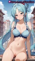 1girls ai_generated anime anime_style aqua_(konosuba) asian ass_visible_through_thighs bangs bare_arms bare_shoulders blue_bra blue_eyes blue_hair blue_sky blush bottomless bow bow_bra bra breasts building bust busty cleavage cleft_of_venus collarbone day earrings female female_focus female_only hair_bobbles hair_ornament hair_rings jewelry kono_subarashii_sekai_ni_shukufuku_wo! labia lace-trimmed_bra large_breasts long_hair looking_at_viewer natsuyoru navel outdoors paipan parted_bangs parted_lips public_indecency pussy pussy_juice sitting sky solo solo_female stomach thighs uncensored underwear underwear_only vagina very_long_hair voluptuous voluptuous_female wig