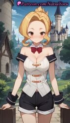 1girls ai_generated anime anime_style bare_shoulders black_shorts blonde_hair blue_sky blush bow bowtie breasts brown_eyes building bush bust busty castle cleavage closed_mouth cloud collar collarbone corset cowboy_shot day detached_collar female female_focus female_only folded_ponytail forehead hentai kono_subarashii_sekai_ni_shukufuku_wo! large_breasts looking_at_viewer luna_(konosuba) medium_breasts natsuyoru off_shoulder outdoors parted_bangs red_bow red_bowtie shirt short_hair short_shorts shorts sidelocks sky smile solo solo_female standing strapless strapless_shirt tree voluptuous voluptuous_female white_shirt wrist_cuffs