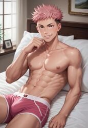 1boy abs ai_generated boxer_briefs brown_eyes bsky_link bulge civitai dvxxxgrai indoors itadori_yuuji jujutsu_kaisen lying lying_on_bed male male_focus male_only male_underwear nipples nude nude_male on_bed pink_hair pink_male_underwear pink_underwear pony_diffusion_xl smile solo solo_focus solo_male tagme toned toned_body toned_male twitter_link undercut underwear