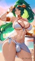 abs absurd_res adjusting_sunglasses ai_generated alternate_costume alternate_hairstyle althaean beach bikini bracelets bulge bulge_through_clothing cameltail choker cocktail futanari green_eyes green_hair kid_icarus kid_icarus_uprising large_breasts laurel_crown palutena sarong sunbeam sunset tagme toned toned_female toned_futa