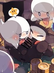 after_anal after_oral after_rimming anal anthro anus balls bigoyatsu blush bodily_fluids boo_(mario) censored coin erection genitals ghost grass hi_res licking male mario_bros ninji_(mario) nintendo oral oral_sandwich outside penis plant rimming saliva saliva_string sex spirit sweat sweatdrop tears tears_of_pleasure tongue
