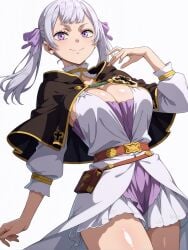 1girls ai_generated big_breasts black_clover breasts cleavage clothing hi_res large_breasts looking_at_viewer noelle_silva purple_eyes silver_hair smile twintails