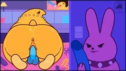 16:9 afro_chan332 animated anthro ass big_butt candy dessert female food hi_res lagomorph leporid mammal masturbation peeps rabbit riding_dildo short_playtime solo voyeur widescreen yellow_body