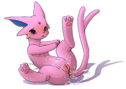 after_sex barefoot blush cum eeveelution espeon female female_only feral flucra forehead_jewel fur nintendo nude pokemon pokemon_(species) purple_fur pussy raised_leg solo tagme tail