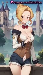 1girls ai_generated anime anime_style arm_support bare_shoulders blonde_hair blue_shorts blue_sky blush bow bow_panties bowtie breasts brown_eyes bust busty castle cleavage closed_mouth cloud collar collarbone corset cowboy_shot day denim_shorts detached_collar detached_sleeves female female_focus female_only folded_ponytail forehead hentai kono_subarashii_sekai_ni_shukufuku_wo! large_breasts long_sleeves looking_at_viewer luna_(konosuba) medium_breasts natsuyoru off-shoulder_shirt off_shoulder open_clothes open_fly open_shorts outdoors panties pantsu panty_peek parted_bangs red_bow red_bowtie shirt short_hair short_shorts shorts sidelocks sky solo solo_female standing thigh_gap thighs underwear vest voluptuous voluptuous_female white_panties white_shirt