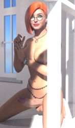 3d belly_chain bracelets burgundy_nail_polish burgundy_nails daz_studio dreamy_eyes earrings ginger_hair glasses green_eyes heart_necklace kneeling makeup medium_breasts necklace nostril_piercing orange_hair original_character realistic_penis_size rings roadiemaik round_glasses shemale tanned_skin window