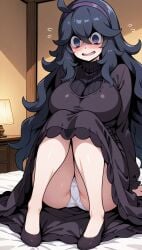 ai_generated artist_request bare_thighs big_breasts game_freak hairband hex_maniac huge_breasts huge_thighs light-skinned_female light_skin long_dress long_hair massive_breasts nintendo npc_trainer panties pokemon pokemon_xy purple_eyes purple_hair smiling solo_female squatting sweat sweatdrop thick_body thick_female thick_thighs thighs very_long_hair voluptuous voluptuous_female