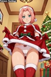 ai_generated camel_toe cameltoe christmas christmas_clothing christmas_hat christmas_outfit christmas_present christmas_tree female gloves green_eyes kunoichi lifting_shirt living_room looking_at_viewer medium_breasts naruto_(series) naruto_shippuden panties pink_hair sakura_haruno short_hair smile smile_at_viewer thighhighs white_panties