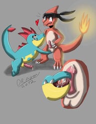 2012 charmeleon color croconaw dragonartw fire headband interspecies male male_only multiple_males nintendo nude penis pokemon standing tagme tail tail_fire testicles yaoi