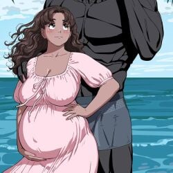 1boy 1girls alien alien/human brown_hair couple fellatrix flowing_hair large_belly original original_characters pink_dress shirtless_male someone_else's_oc