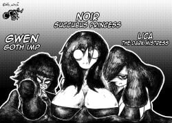 3girls big_breasts black_and_white captured captured_heroine cleavage clothed dress gwen_(oozed) gwen_(witchdoctordb) large_breasts lica_(oozed) lica_(witchdoctordb) noir_(oozed) noir_(witchdoctordb) oozed pointy_nose revealing_clothes slime stuck text witchdoctordb