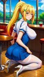 ai_generated anime ass bangs blush breasts bubble_ass coffee_shop coffee_table darkness_(konosuba) divine_slut drink drunk fully_clothed green_eyes green_eyes_female ground happy heavenly_body high_heels isekai kneeling_female kneeling_on_ground konosuba large_breasts looking_back_at_viewer looking_pleasured maid maid_uniform naughty_face pantyhose ponytail seduction seductive_smile sexually_suggestive sexy smiling_at_viewer stable_diffusion toongenai voluptuous voluptuous_female waifu white_pantyhose wood wooden_floor work_uniform workplace