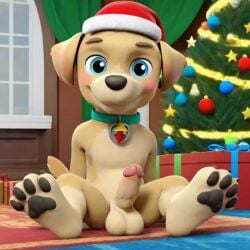 1boy ai_generated anthro balls blue_eyes christmas christmas_background christmas_decorations christmas_hat christmas_presents christmas_tree dog_collar golden_retriever luxeraora10 male male_only paw_patrol penis solo_male tensor_art tuck_(paw_patrol)