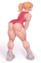 1girls ass bare_shoulders from_behind full_body looking_at_viewer muscular muscular_female open_mouth original_character ponytail powziy simple_background sneakers socks solo standing thighs toned white_background