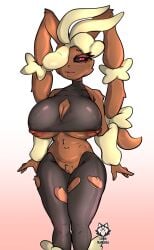 absurd_res anthro areola artist_logo bare_shoulders big_breasts black_sclera breasts brown_areola brown_body brown_fur brown_nipples cleavage clothed clothing eyelashes female fur generation_6_pokemon genitals gradient_background hi_res lobovalkiria logo looking_at_viewer mega_evolution mega_lopunny navel nintendo nipple_slip nipples pink_nose pokemon pokemon_(species) pussy red_eyes simple_background solo standing under_boob white_background