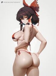 1girls ai_generated ass ass_focus back_view bikini breasts breasts brown_hair cutesexyrobutts_(style) female female_focus female_only fit fit_female hi_res high_resolution highres large_ass large_boobs large_breasts looking_at_viewer muscular red_eyes reimu_hakurei short_hair sideboob sitting string_bikini tagme thedachy touhou