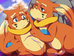 after_sex beige_fur belly buizel cum day female feral fur furry male nude orange_fur outdoors penis pokemon purasu_no_kobu straight tagme