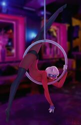 blurred_background countryhumans eyebrows_raised gay hand_on_pole latex_stockings latex_underwear leg_up nomrico pole posing red_skin russia_(countryhumans) slim_body strip_club white_hair yaoi