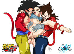 1girls 2boys chichi creedy dragon_ball dragon_ball_gt female human husband_and_wife light-skinned_female light-skinned_male light_skin male pubic_hair son_goku straight super_saiyan_4 threesome vegeta