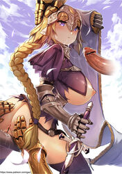 armor armored_dress ass ass_grab blonde_hair blush braid breasts breasts_out capelet chains cloud cum cum_in_mouth cum_string cumdrip erection fate/apocrypha fate/grand_order fate_(series) faulds female flag from_behind full_mouth gao-lukchup gauntlets grabbing_another's_ass groping headpiece holding holding_sword holding_weapon jeanne_d'arc_(fate) jeanne_d'arc_(fate)_(all) knight large_breasts long_braid long_hair nipples penis plackart purple_eyes pussy pussy_juice pussy_juice_puddle pussy_juice_trail sideboob single_braid sky standard_bearer straddling sword thighhighs torn_clothes very_long_hair weapon