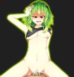 cum cum_everywhere cum_in_mouth cum_in_pussy goggles green_hair megpoid_gumi navel nipples open_mouth red_eyes shaved_pussy thighs tongue tongue_out vaginal_penetration vocaloid waist