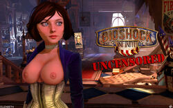 1girls 3d areola areolae artist_request bioshock bioshock_infinite blue_eyes breastless_clothes breastless_clothing breastless_corset breasts breasts_out brown_hair choker corset corset_down dress elizabeth_comstock english_text exposed_breasts female female_only light-skinned_female light_skin logo looking_to_the_side nipples short_hair solo tagme text topless_dress