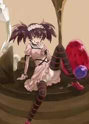 1girls brown_hair chocolate evanne female gothic_lolita licking mirai_nikki panties raised_leg red_eyes solo stockings striped striped_legwear tied_hair twintails uryuu_minene white_panties