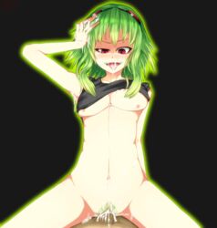 cum cum_everywhere cum_in_mouth cum_in_pussy goggles green_hair megpoid_gumi navel nipples open_mouth red_eyes thighs tongue tongue_out vaginal_penetration vocaloid waist