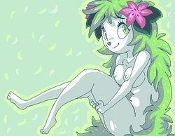 anthro barefoot breasts female female_only flower green_eyes green_hair hair looking_aside nipples nude open_eyes pokemon pokemon_(species) shaymin side_view sitting smile solo tagme vaporotem very_long_hair