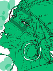 1boy ambiguous_fluids battle_tendency biting_lip cum cum_on_face ear_piercing earring earrings face_tattoo fluids green_theme haine headgear jojo's_bizarre_adventure lip_piercing lip_ring male male_only tagme tattoo wamuu