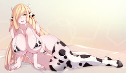 1girls alternate_breast_size big_breasts blonde_hair cow_bikini cow_ears cow_horns cow_print ellizeh eye_contact female female_only green_hair huge_breasts large_breasts looking_at_viewer lusamine_(pokemon) mature_female micro_bikini milf nintendo pokemon pokemon_sm smile solo solo_female thick_thighs thighhighs thighs thong