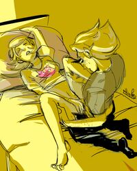 1boy 1girls 2012 artist_request black_lipstick closed_eyes clothing dirk_strider freckles homestuck ms_paint_adventures penis pussy roxy_lalonde short_hair straight sunglasses sweat vaginal_penetration yellow_background yellow_hair yellow_skin