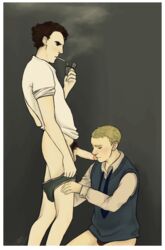 2boys blonde_hair brown_hair digital_media_(artwork) fellatio gay human imminent_oral john_watson kneeling looking_at_partner looking_at_penis looking_down male male/male male_only maledom malesub multiple_males oral partially_clothed penis precum pubic_hair sherlock sherlock_(tv) sherlock_holmes smoking standing yaoi