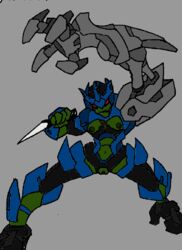 armor bionicle breasts dark_hunter female female_only green_skin knife lariska lego no_pupils pussy red_eyes solo solo_female