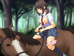 1animal 1girls assisted_masturbation breasts_out brown_eyes brown_hair equine horse nipples orgasm panties panties_around_one_leg panties_down pussy_juice pussy_juice_drip riding_on_back sawa_okita shirt_open skirt small_breasts tagme tari_tari zoophilia