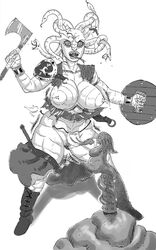 6demonbag armor axe breast_expansion breasts female lactation loincloth medusa monster_girl pussy reptile snake_girl tongue transformation wardrobe_malfunction